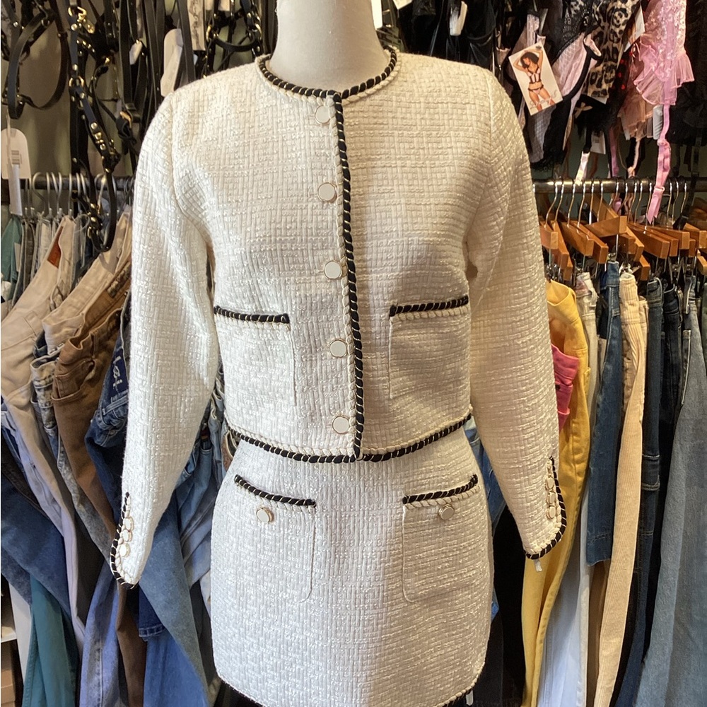 Classic Chanel style two pocket collarless Jacket & Skirt Set